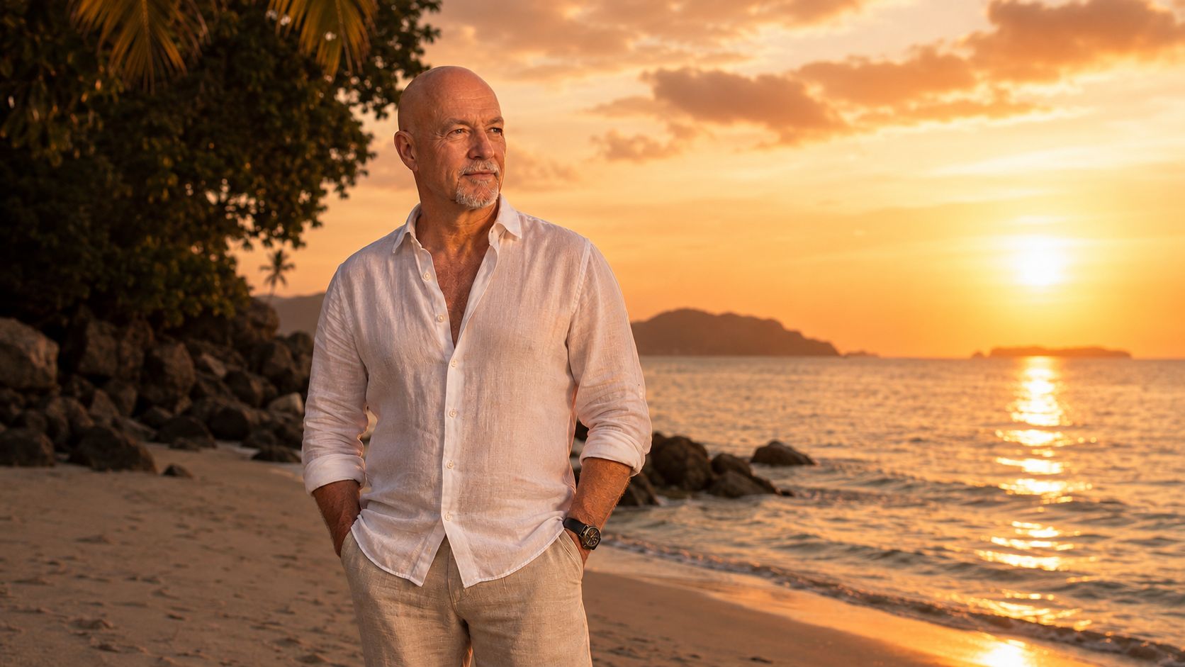 Mann am Strand bei Sonnenuntergang – Frei & Stark Thailand